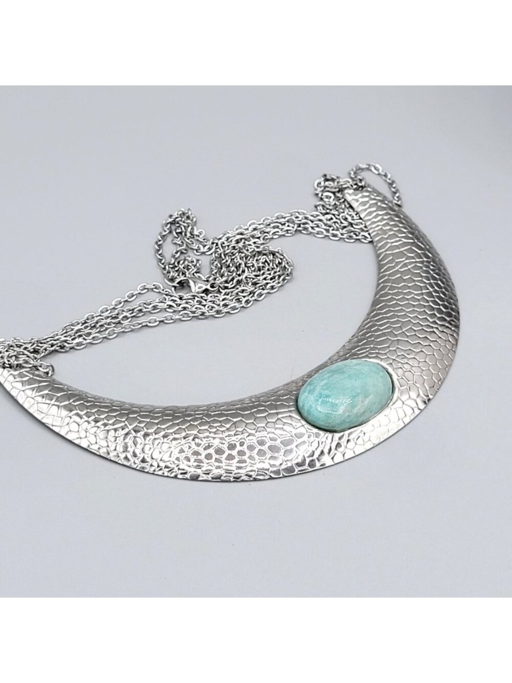 Silver Tone Stainless Steel Necklace Crescent Pendant Aventurine Stone Center